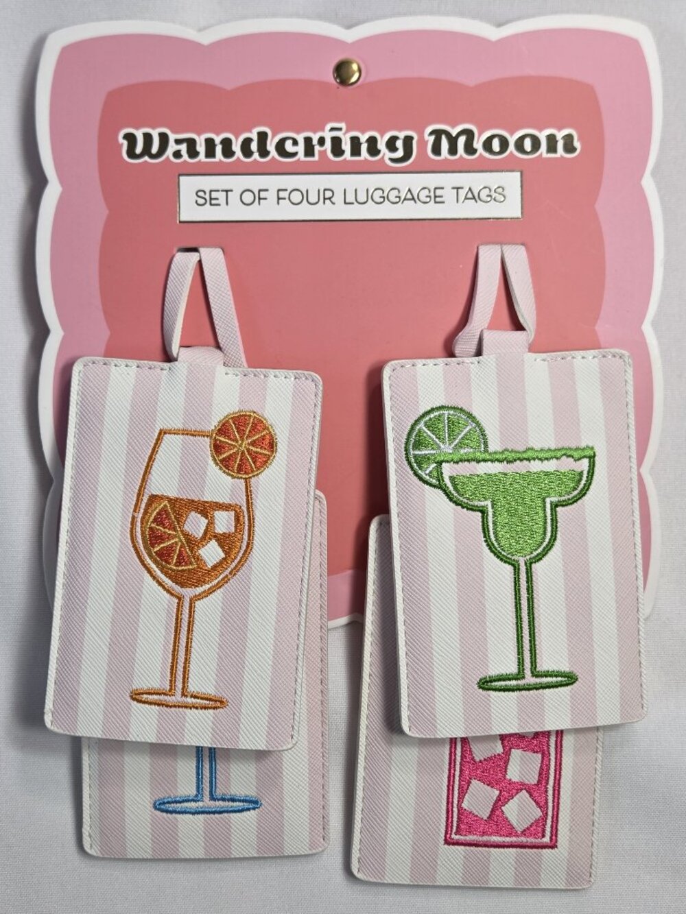 Wandering Moon Luggage Tags Set of 4 Pink White Stripe Cocktail Vacation NIB